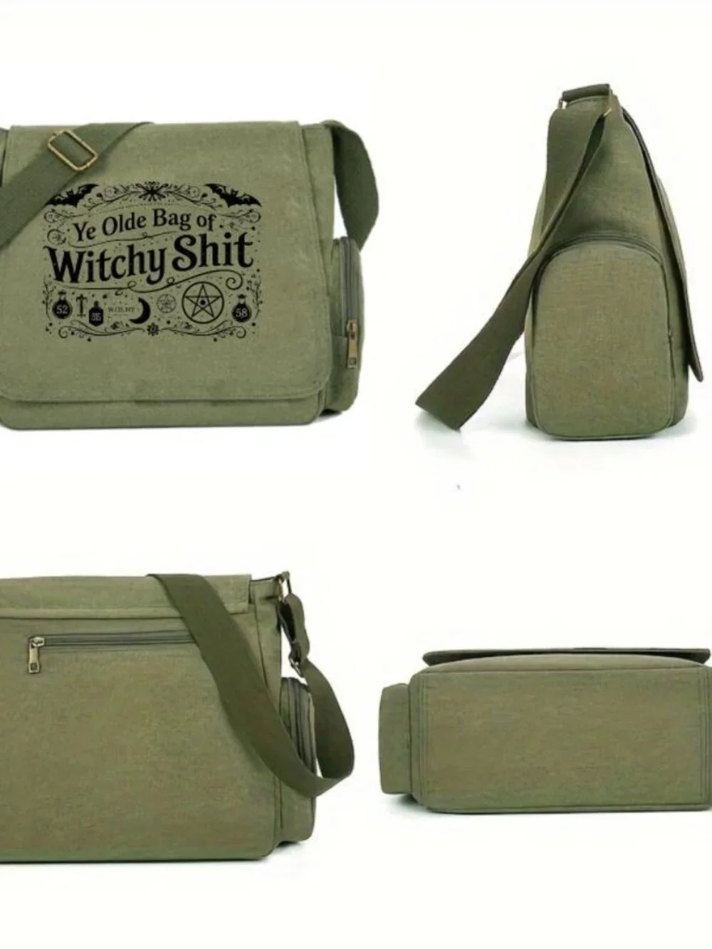 Messenger Bag Large Capacity Retro Tote with Bat and Pentagram Print